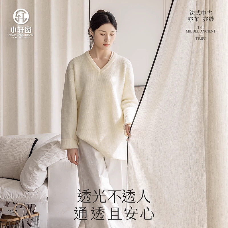Cream medieval linen japanese style log style fufeng black edge gauze light-proof window gauze curtain living room balcony curtain