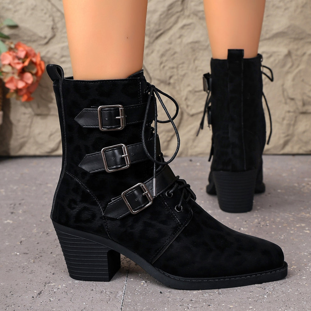 belt buckle mid-calf boots  autumn winternew arrival british style leopard print plus sizeretroboots knight boots