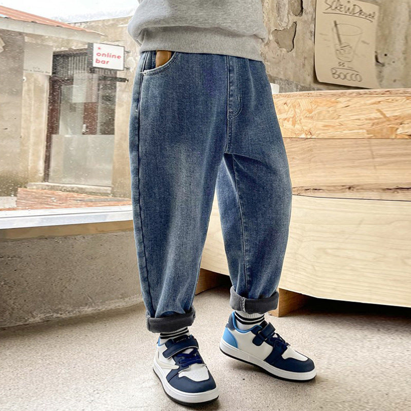 Boys' fall fleece-lined pants, spring/autumn style jeans,  new children's pants, mid-to-large size kids' trousers, all-in-one fleece