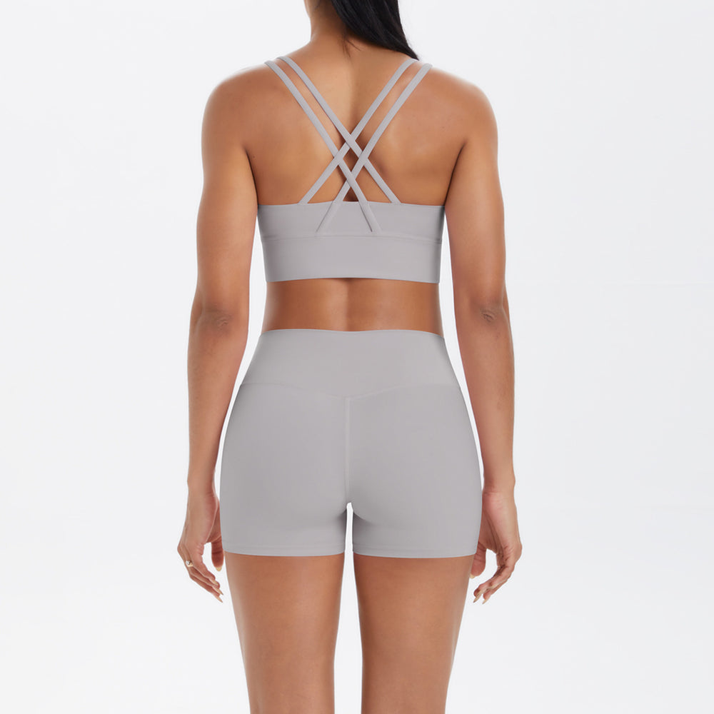 Fashion cross-border nude brushed cross back bra casual sports hip lifting shorts fitness yoga wear two-piece set