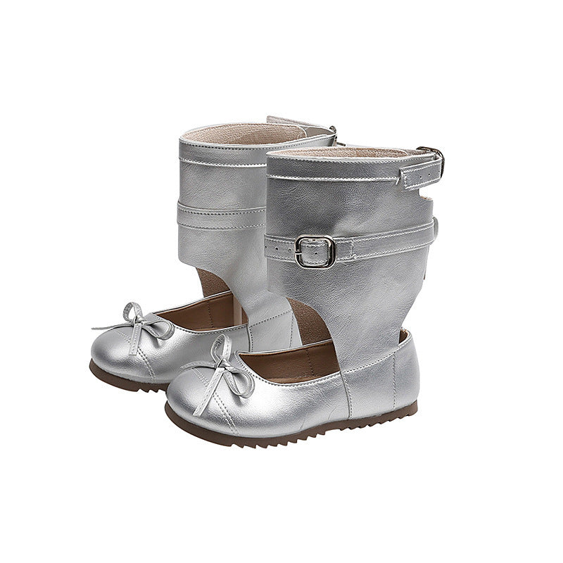 Tk ballet-style leather boots: new  korean edition girls' bow-tie princess shoes, kids' casual versatile ankle boots, trendy style