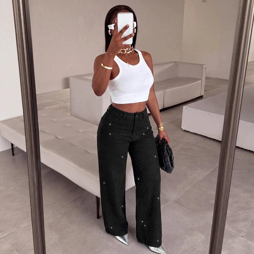 Fashionjeans women's high waist sparkling diamond wide leg jeans starry hot diamond loosedrapedstraight-leg denim pants
