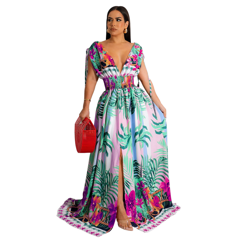 X6268 cross-border   fashion women's floral painted sleeveless v-neck maxi dress