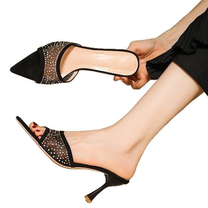 跨境大码尖头水钻时尚高跟凉拖鞋2025夏季新款增高外穿露趾女鞋