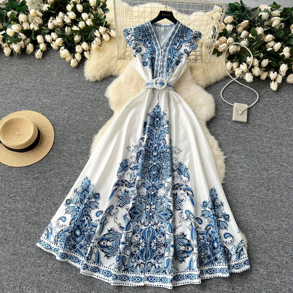 European and american style high-end elegant dress with flutter sleeves, cinched waist, v-neck, single-breasted button detail, and printed design - vintage long dress