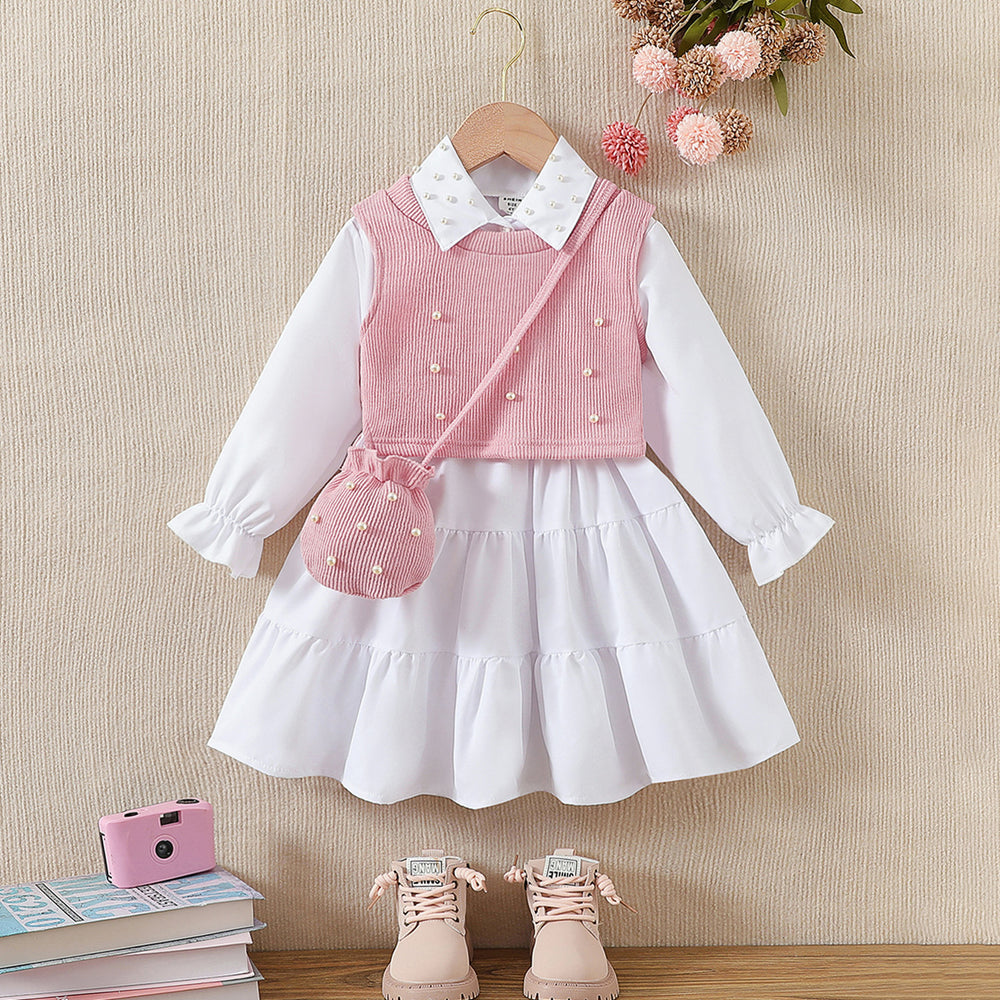 cross-border autumn new arrival: shirt collar dress + beaded knit vest + crossbody bag three-piece set
