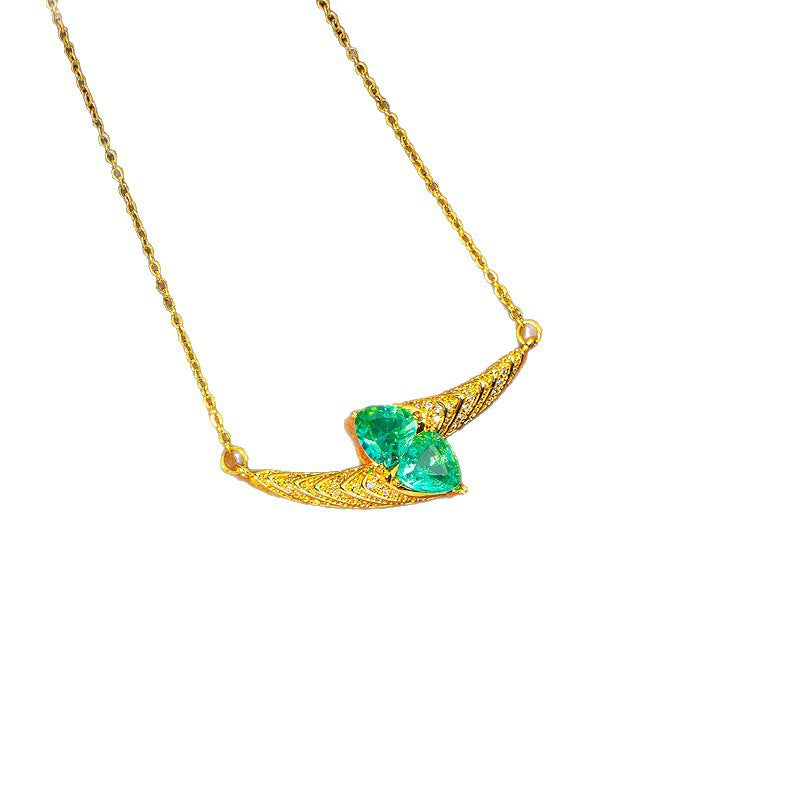 【set】european and american retro heavily engraved diamond-studded titanium steel emerald necklace, exquisite high-end light luxury earrings and ring set for women