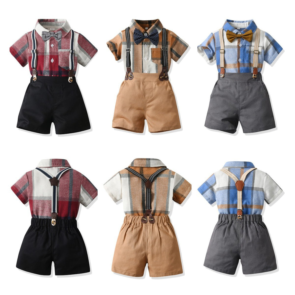 New british style boys' summer gentleman's first birthday outfit, kids' short-sleeve plaid shirt, boys' performance costume