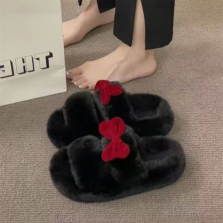Fairy-style bowknot fuzzy slippers for women, premium autumn/winter 2024, perfect for student dorms and office use, cotton slippers