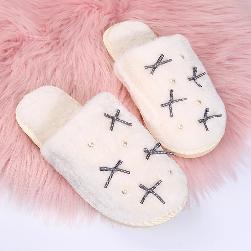 Cute girly ins style cotton slippers for women indoor flatsfor homeheattechfall and winterbowspopular furry slippers