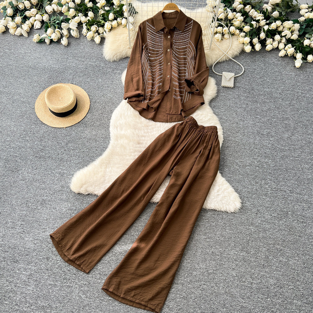 Lazy style sense of design diamond stripesshirtloose pantstwo-piece set women's spring autumwork clothingcasualelegantsuit