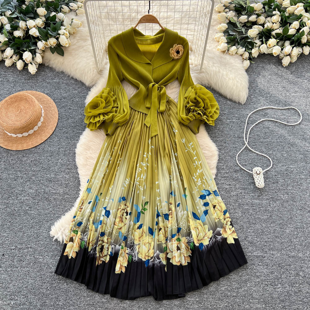 Miya pleated dress women's autumn fashion european and american style 3d floral lantern sleeve tie-waist printed pleated maxi dress