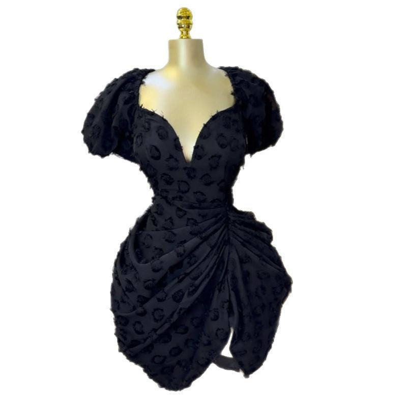 European and american cross-border women's fashion:  summer new arrivals - sexy v-neck, puff sleeve, high-waisted, slimming, ruched mini dress