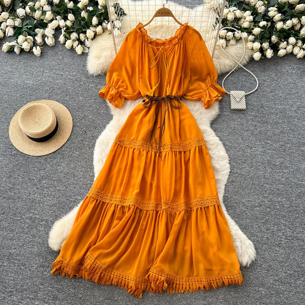 French red puff sleeve commuter short-sleeve dress - women's summer slimming a-line tassel cake dress