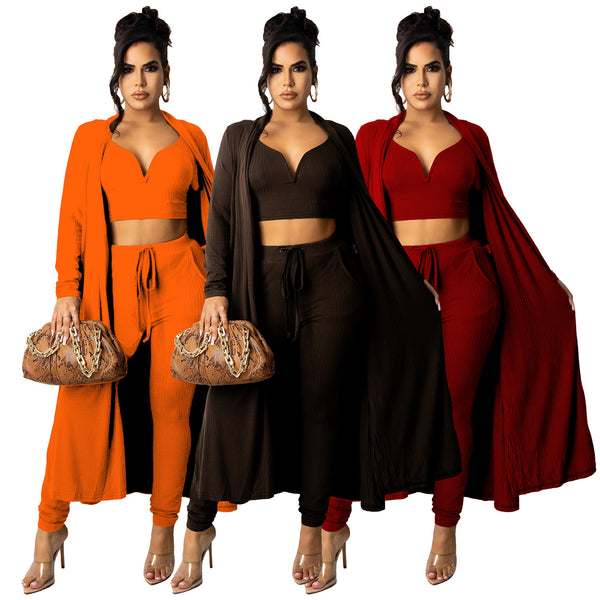 K9968 factory direct sales  European and American  women's clothing solid color pit strip V-neck vest long coat and pants set