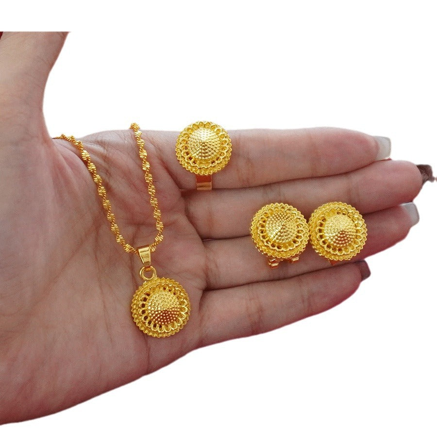Wholesale cross-border middle eastern conical design gold-plated necklace, pendant, earrings, and ring three-piece jewelry set