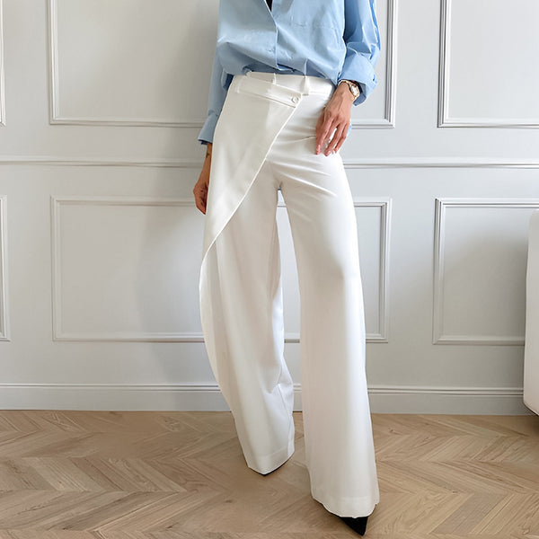 2024 autumn design sense asymmetrical white casual trousers commuter workplace high waist wide leg trousers wholesale women's clothing