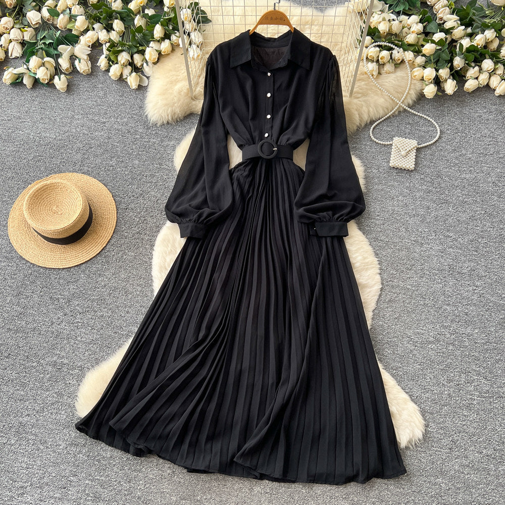 Light mature style lapel lantern sleeve red a-line dress women's springelegance waist slimming lookpleated long skirt
