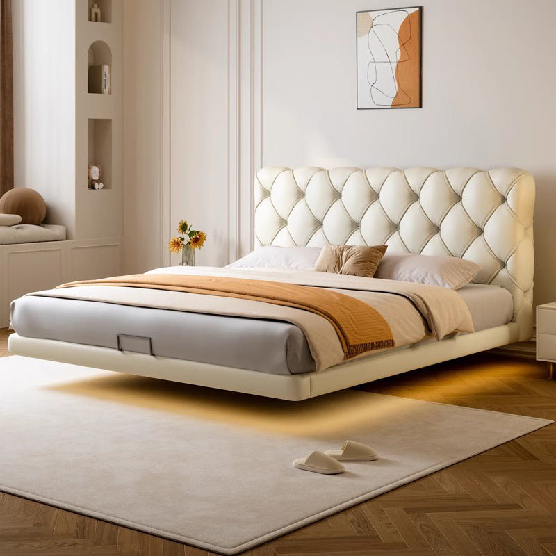 Foshan source factory genuine leather bed master bedroom classyelegant double soft leather bed cream style buckle suspended bed