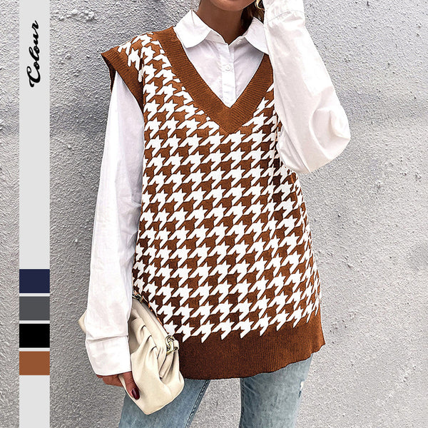 Independent Station Cross-border Foreign Trade Women's Clothing Early Autumn New European and American Loose Thousand Birds Grid V-Neck Knitted Vest Women