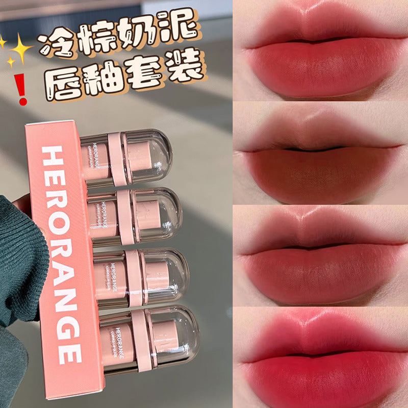 HERORANGE~ Cold Brown Milk Mud Lip Glaze Matte Velvet Matte Surface Plain White Color Lipstick Mud Student Lip Gloss