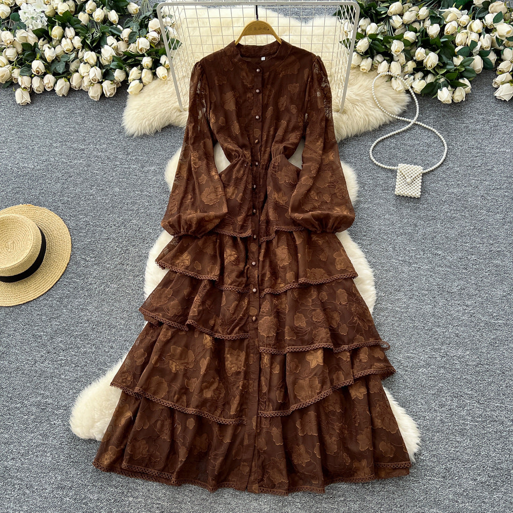 French chic lace patchwork tie-waist ruffle hem dress - women's autumn slimming elegant maxi dress