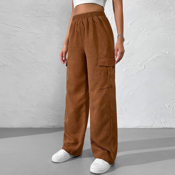 2024 spring and summer new European and American women's clothing loose elastic waist overalls corduroy wide-leg straight casual trousers