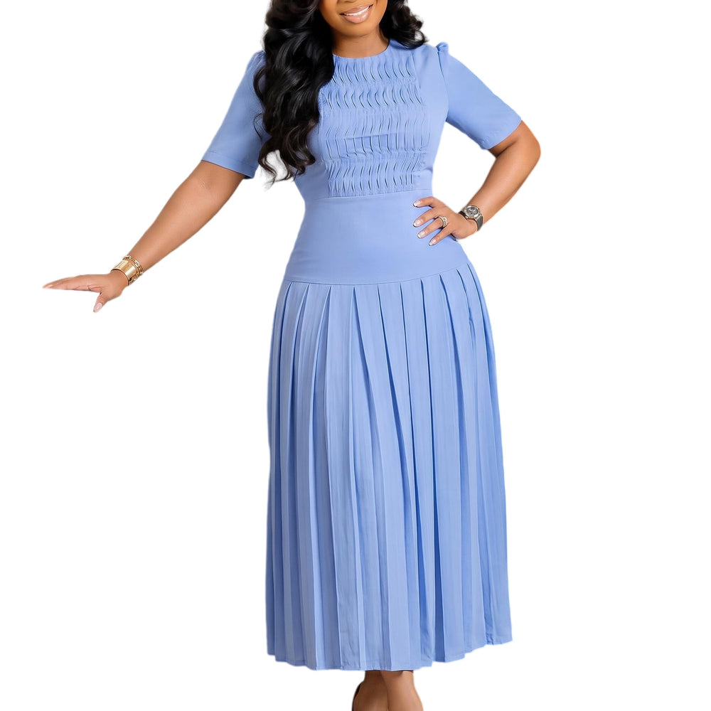 C8666  foreign trade women's fashion european and american  new pleated round neck patchwork crinkle cross-border dress