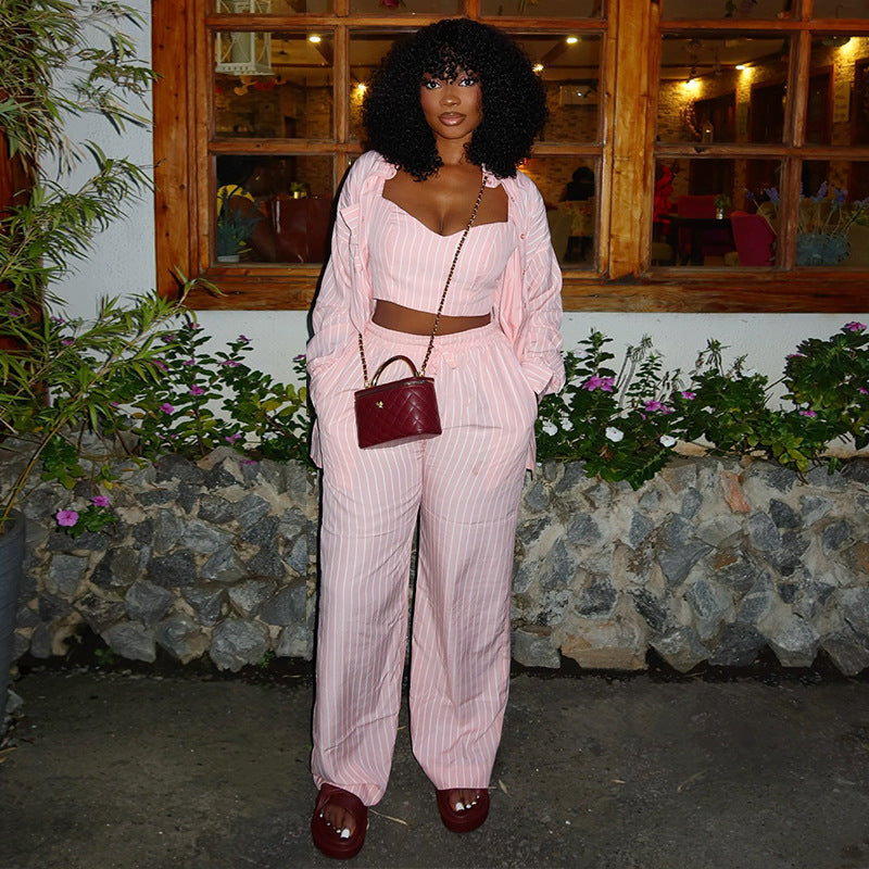 European and american style women's  autumn new collection: striped turn-down collar long-sleeve shirt, sweet vest, and high-waisted straight-leg pants three-piece set