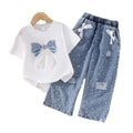 Kids clothing cross-border exclusive for european and american girls new arrival kids white short-sleeved t-shirt + blue pants
