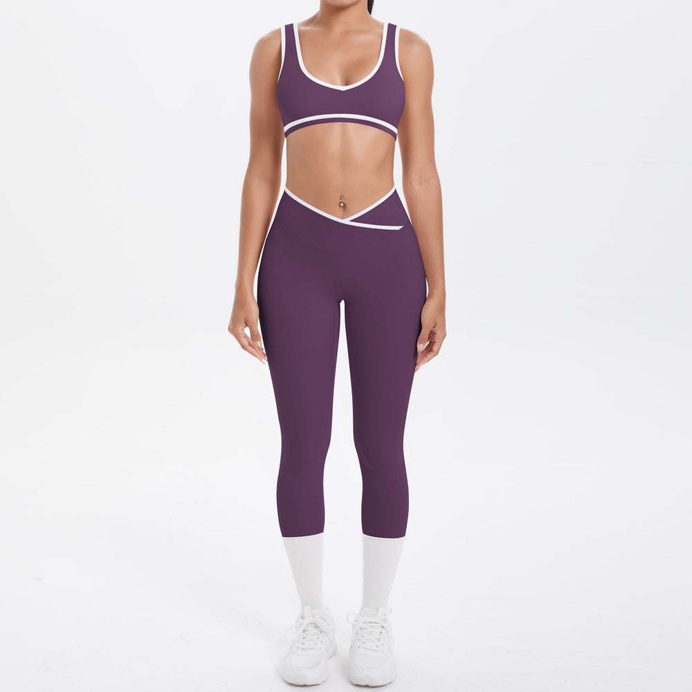 Cross high waist sports suit women's contrast color nude tight yoga clothes quick-drying breathable outdoor running fitness suit