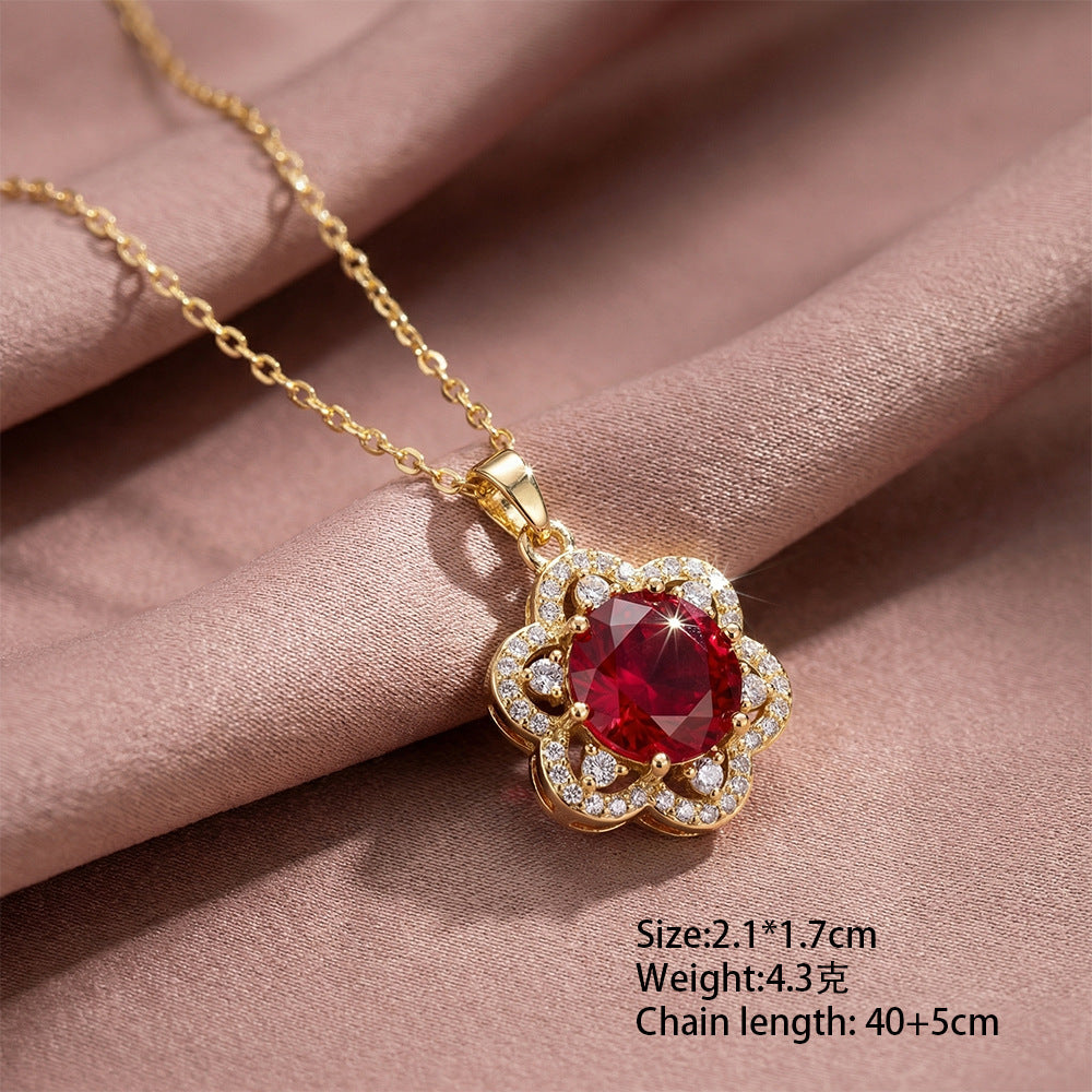 Luxury fashion white frame ruby flower full diamond necklace for women - versatile, minimalist, unique, non-fading choker jewelry