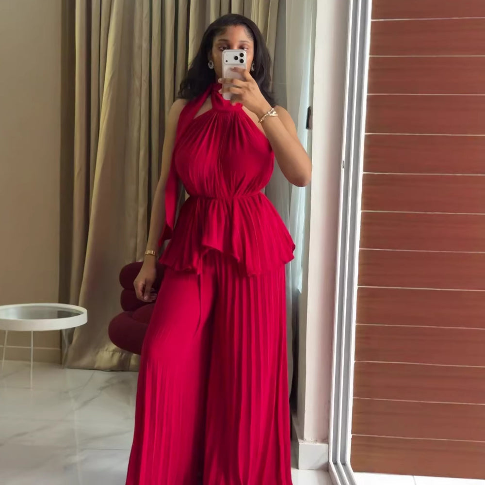 European and american cross-border women's fashion  summer new arrival: elegant halter neck tie-up pleated sleeveless top and wide-leg pants set