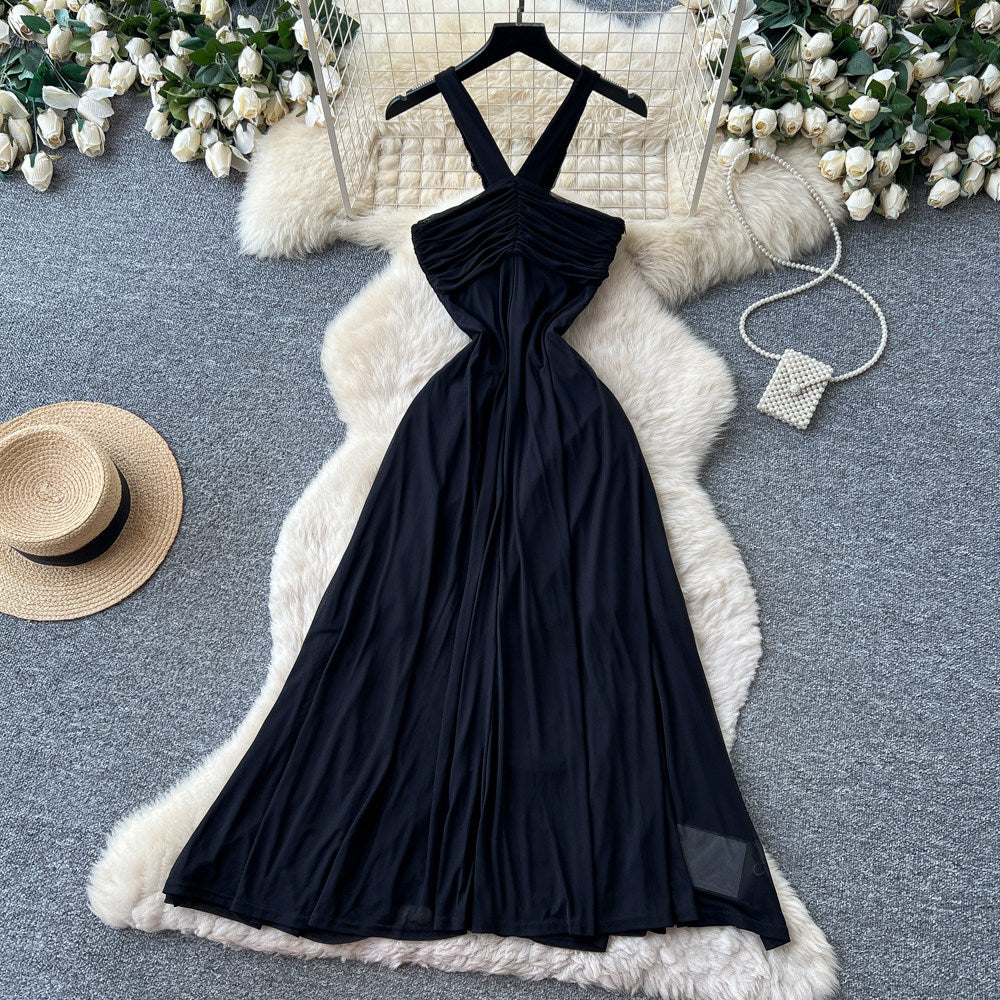 Accessible luxury diamond halter pure desire style dress women's summer black v neck waist slimming look large swing long skirt vacation style