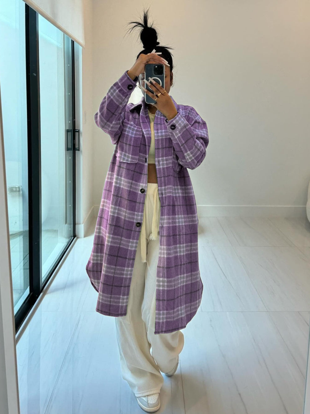 spring new arrivals: european and american style women's fashion - lapel collar pocket wool blend plaid shirt