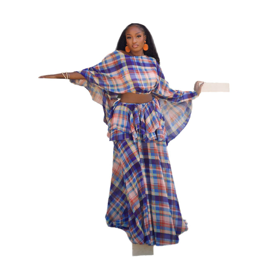 European and american cross-border women's clothing  summer new fashion retro print plaid shirt ruffle hem skirt set