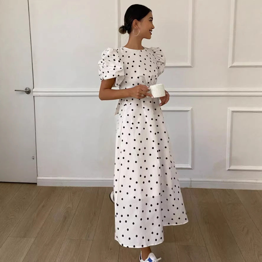 French polka dot dress women's summer  new arrival draped niche design puff sleeve elegant slimming long dress