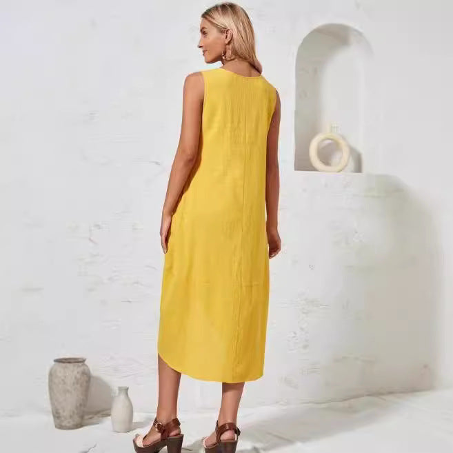 european and american cross-border  new women's cotton linen solid color loose short sleeve asymmetrical maxi dress