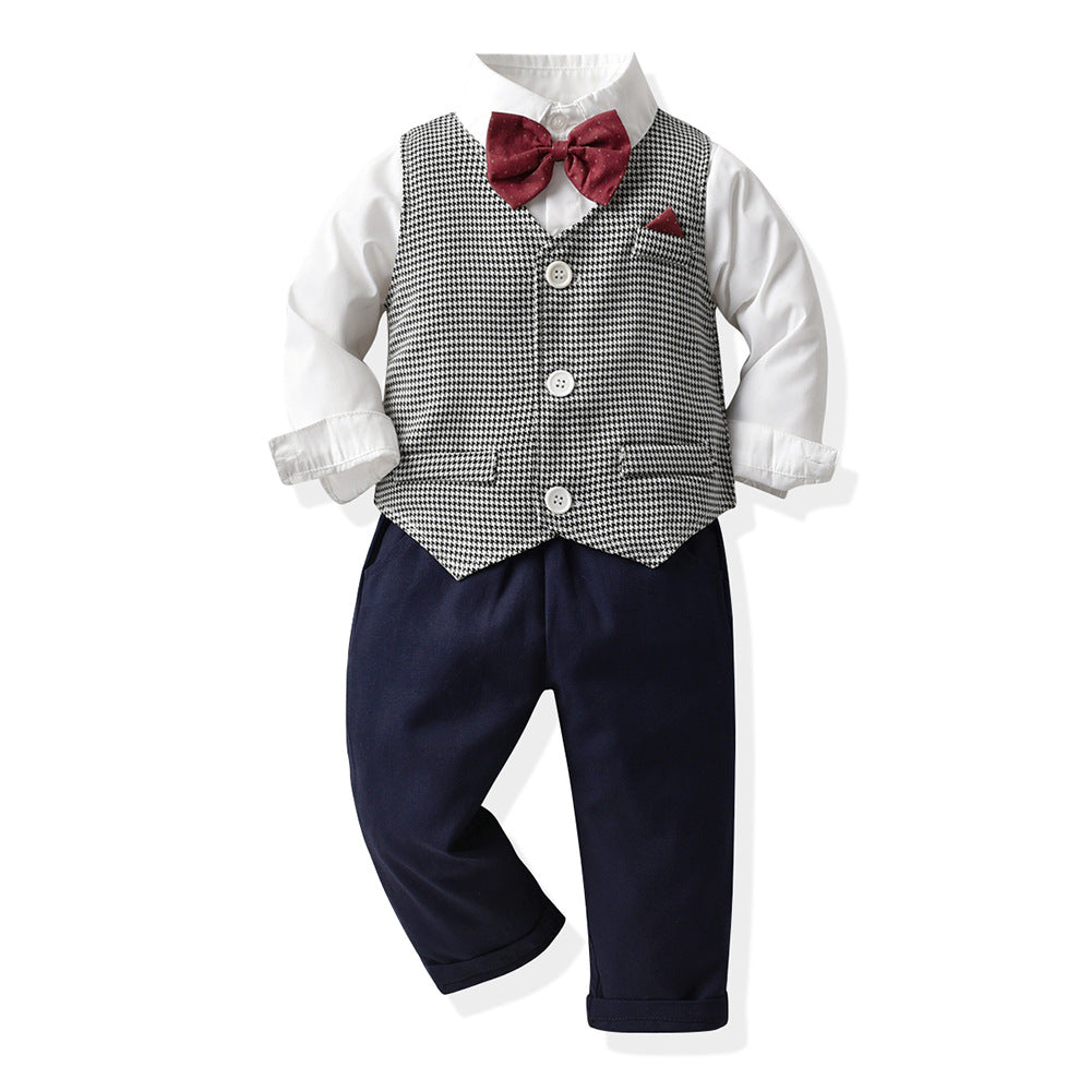 Boys' british style plaid vest, shirt, and overalls three-piece set - stylish outfit for baby boys' birthday parties and performances