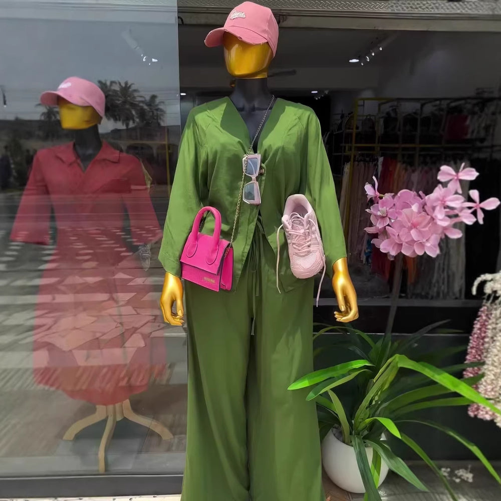 European and american cross-border women's fashion:  summer new arrivals - trendy tie-up, loose-fit plus size shirt and wide-leg pants casual set