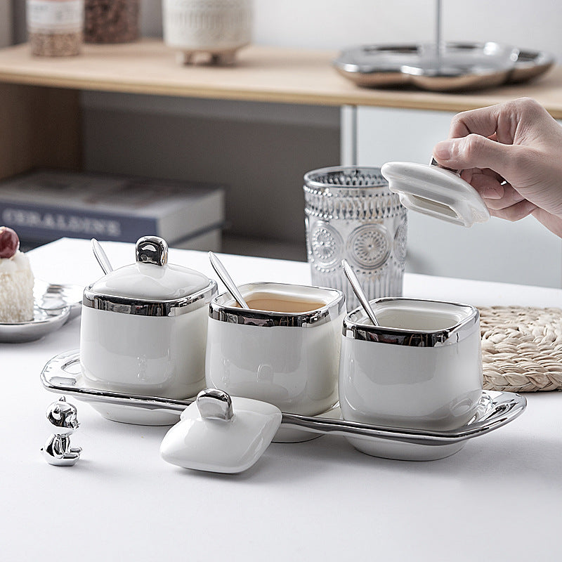 Scandinavianaccessible luxury kitchen seasoning box multi-gridfor homeceramic seasoning jar seasoning salt jar sugar msg seasoning box