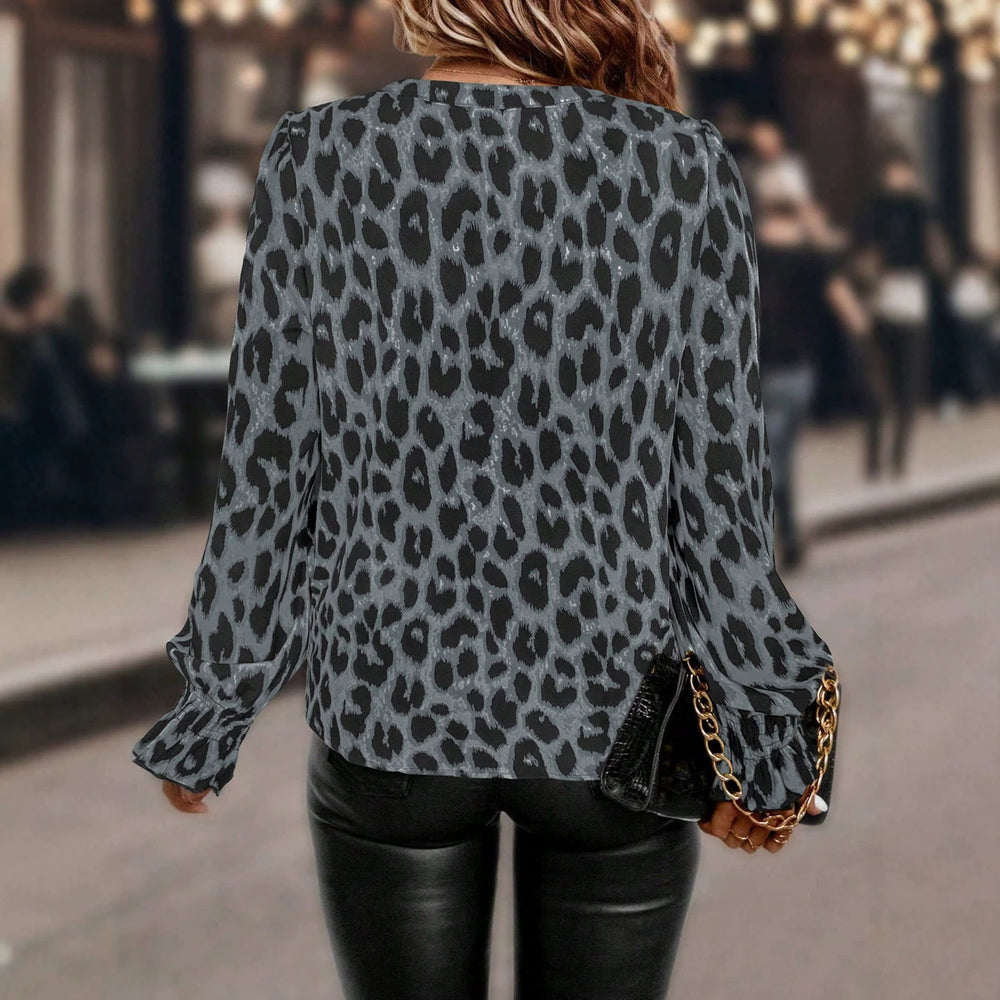 Vintage ink wash leopard print blouse - v-neck, flared sleeves, commute & casual women's wear - 1688 source