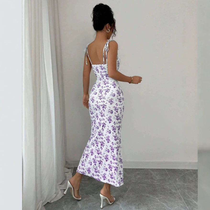 fashion women's clothing  summer sweet floral print camisole dress slim fit elegant bodycon maxi dress