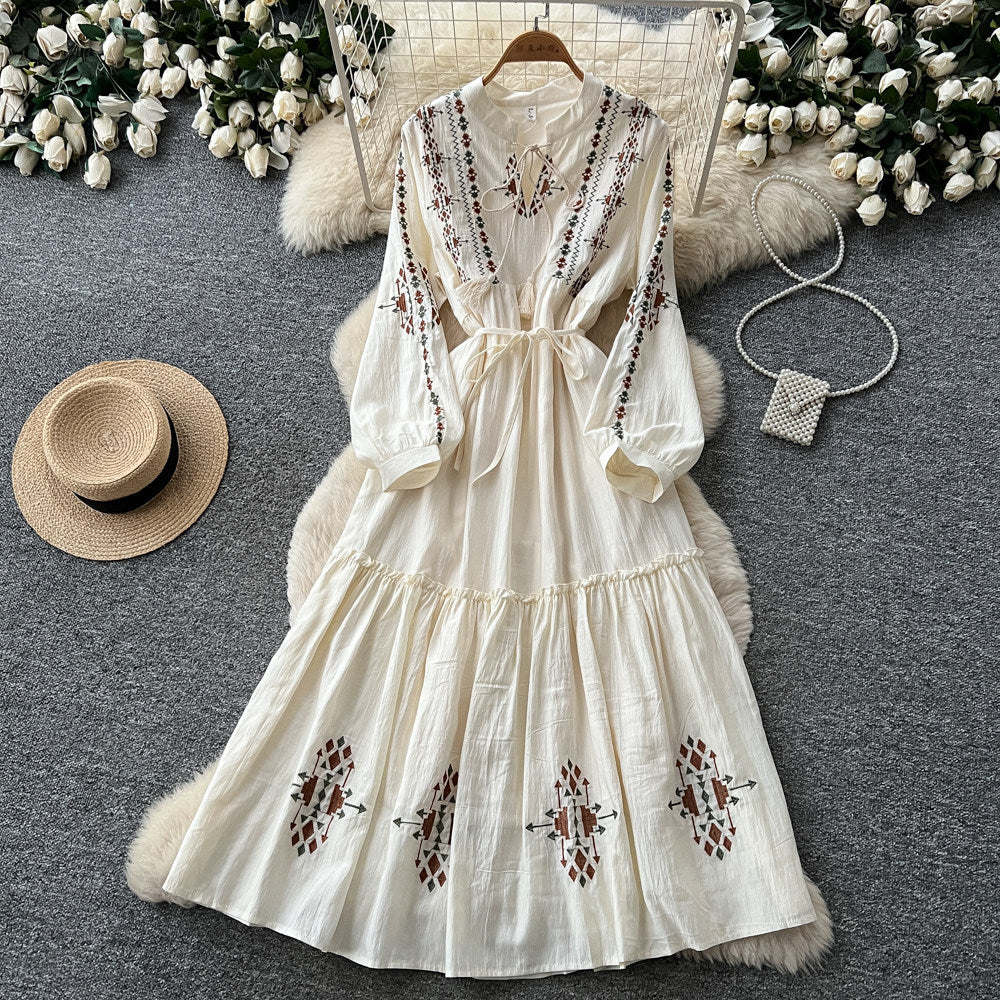 Vintage-inspired, heavily embroidered, unique and elegant women's long-sleeve dress - tie-waist a-line maxi dress, slimming and tummy-concealing