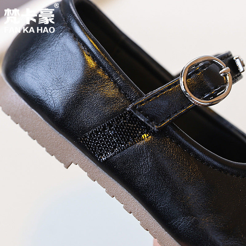 Vancahao girls' black leather shoes -  spring/autumn new korean style - simple and versatile princess shoes for toddlers and little girls