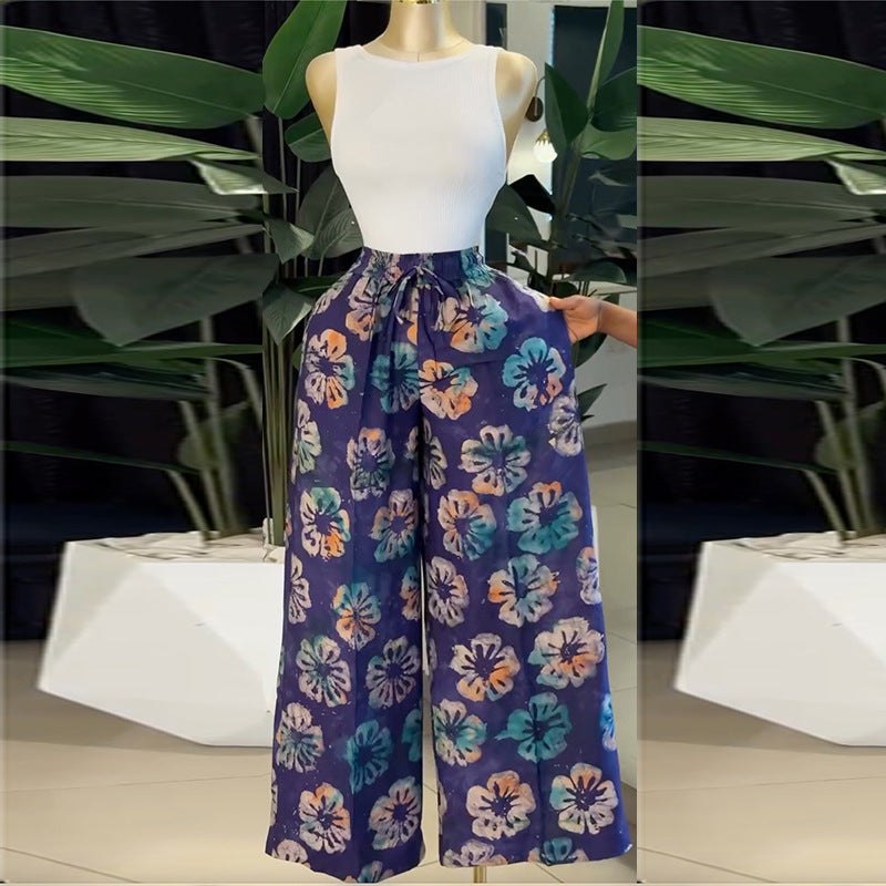 European and american women's clothing  autumn new sweet and fresh printed drawstring design high-waisted slimming wide-leg pants