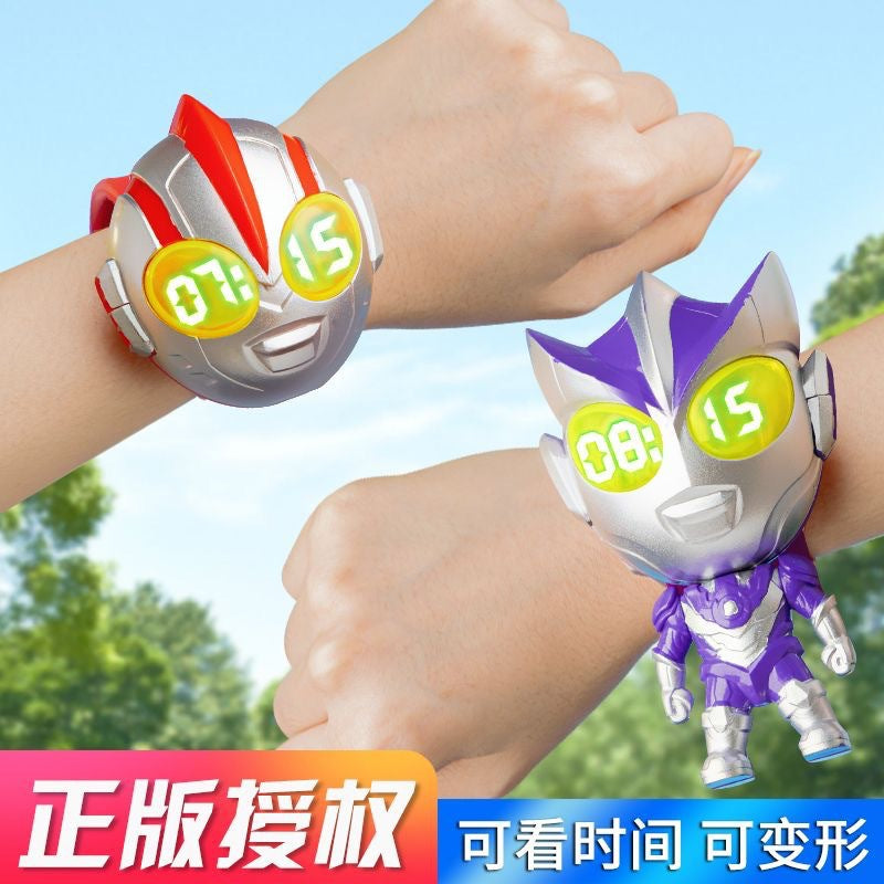 Superhero kids transforming watch toy - light-up baby boy transformer electronic cartoon snap-on watch toy