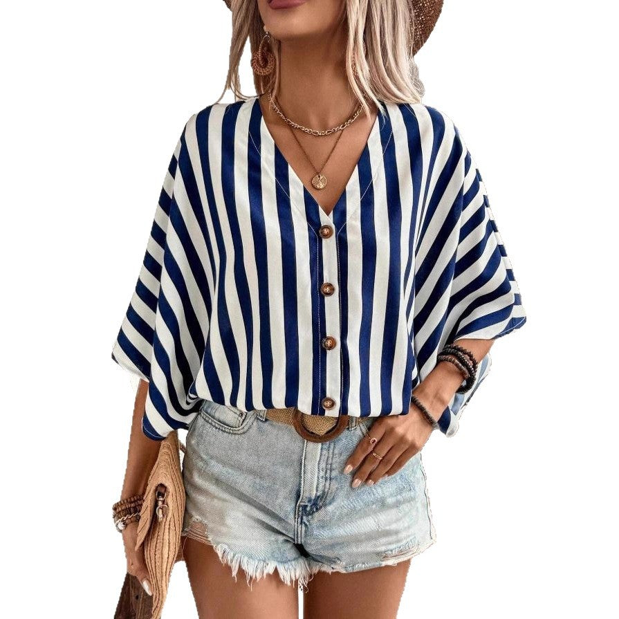 european and american cross-border  new autumn elegant v-neck loose short-sleeve printed solid color women's blouse