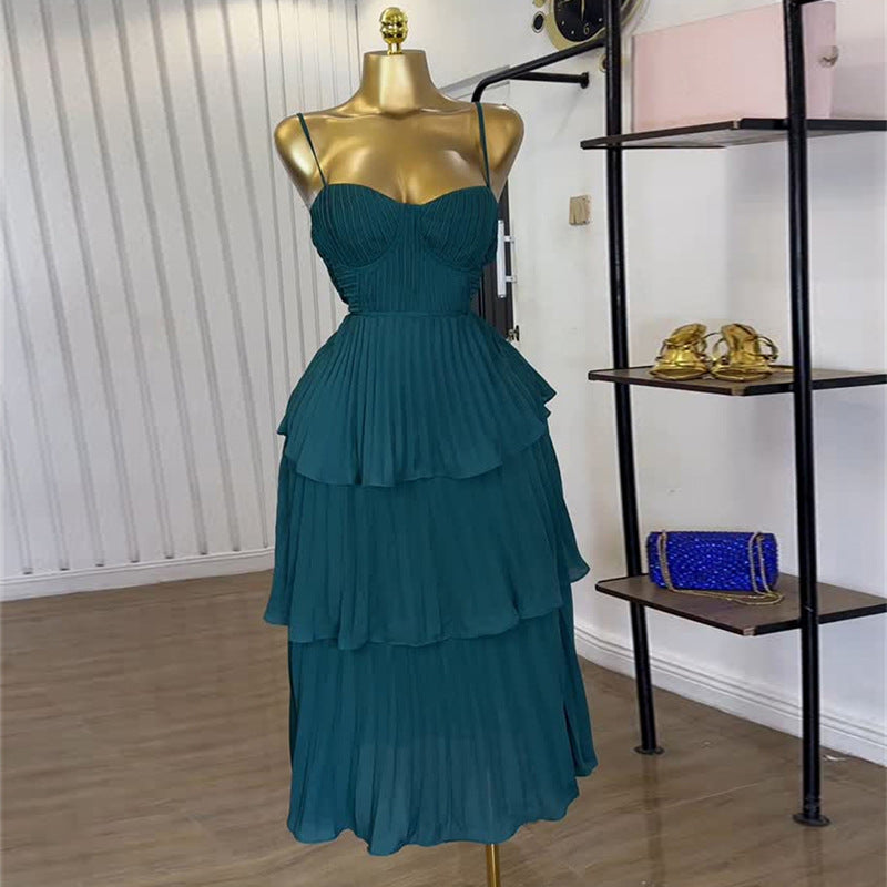 European and american cross-border women's fashion:  autumn new arrival - chic and elegant ruched bandeau slimming green slip dress