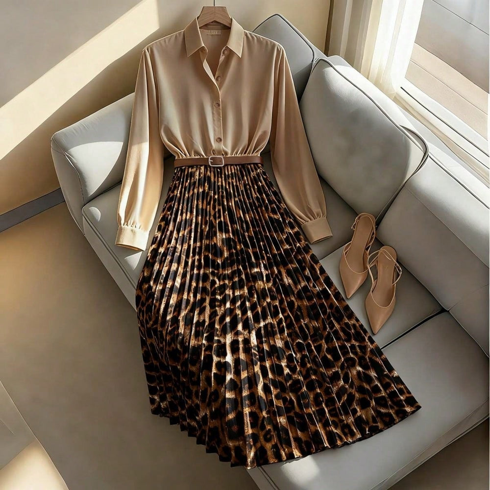 Ready-to-ship  new arrival: women's elegant leopard print patchwork pleated skirt h-line waist slimming dress - dropshipping available